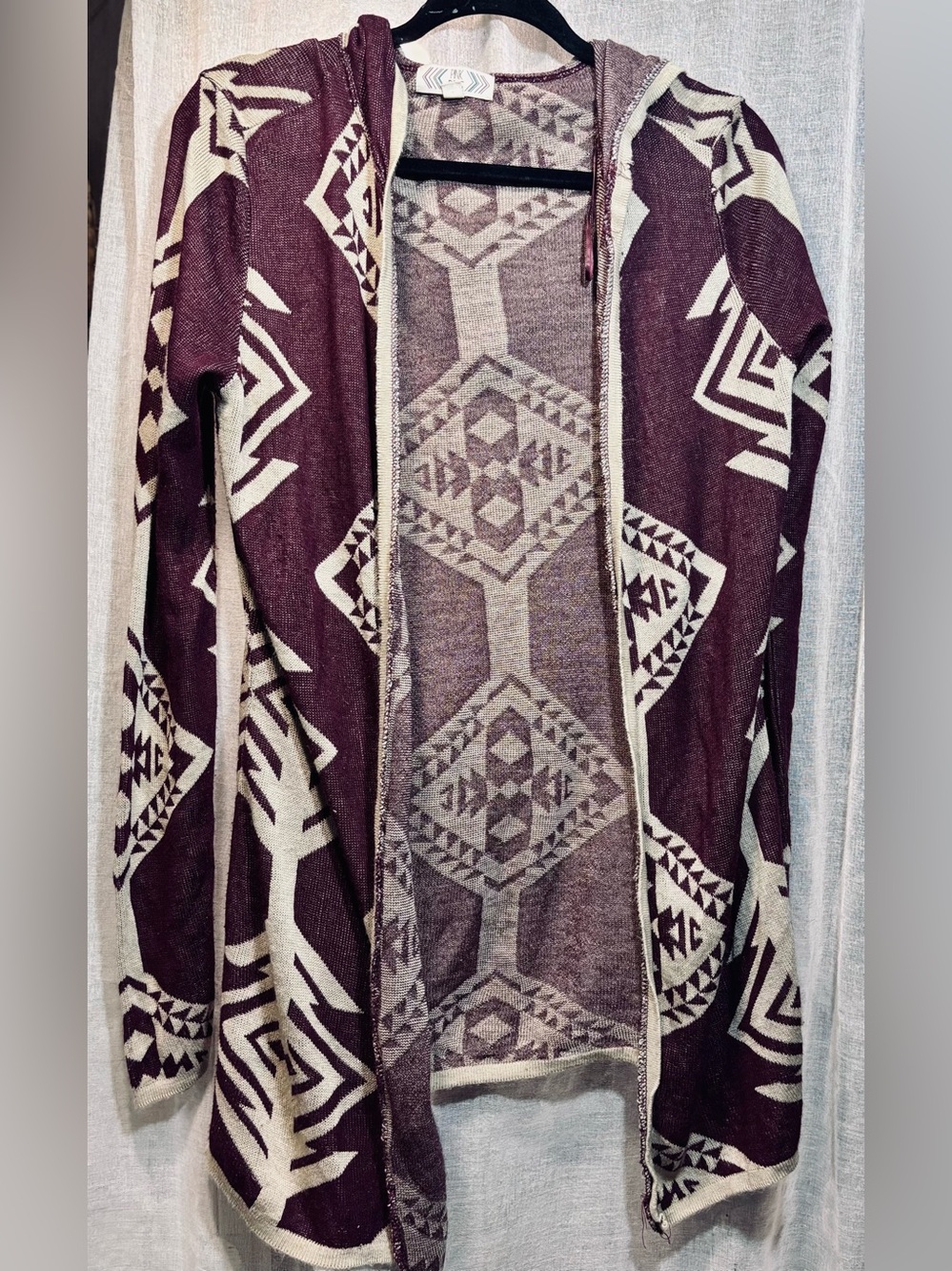 Pink Rose Burgundy and Cream Aztec Hooded Open-Front Cardigan